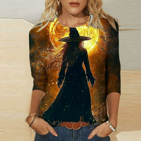 Halloween Women's Shirts Fall Crewneck Blouses Pullover Funny Cute Witch Printed Sweatshirts 3/4 Length Sleeve Tunic Tops Halloween Costume Gifts