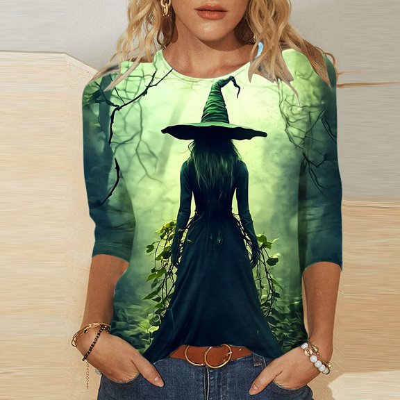 Halloween Women's Shirts Fall Crewneck Blouses Pullover Funny Cute Witch Printed Sweatshirts 3/4 Length Sleeve Tunic Tops Halloween Costume Gifts