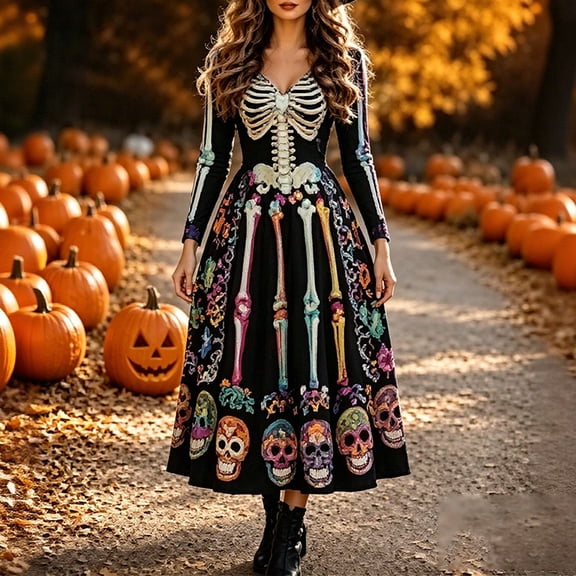 Halloween Women's Skeleton Print Dress for Halloween Party Dress Up Clothes Themed Party Role Play Pretend Play Halloween Gifts for Kids Outfit