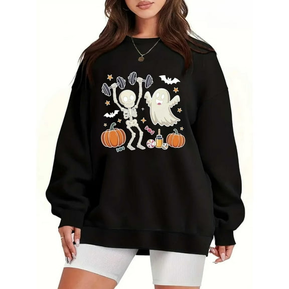 Halloween Women's Skull Bat Sweatshirt Weightlifting Graphic Fitness Top Short Sleeve Round Neck Black S-3XL