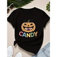 thumbnail image 1 of Halloween Women's Smiling Pumpkin Candy Graphic Tee T Shirt Top Short Sleeve Round Neck Black S-5XL, 1 of 5