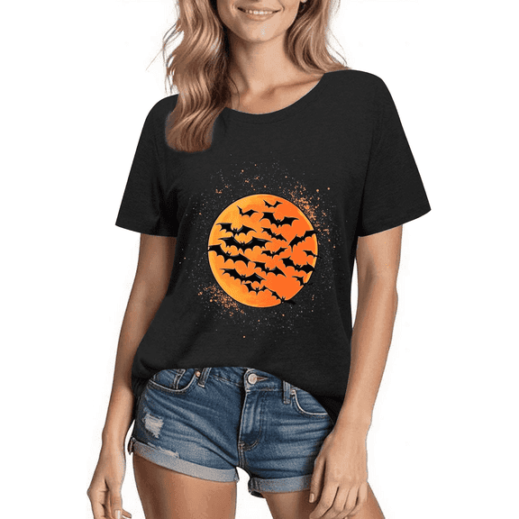 Halloween Women’s T-Shirt – Black Bat & Full Moon Graphic Tee