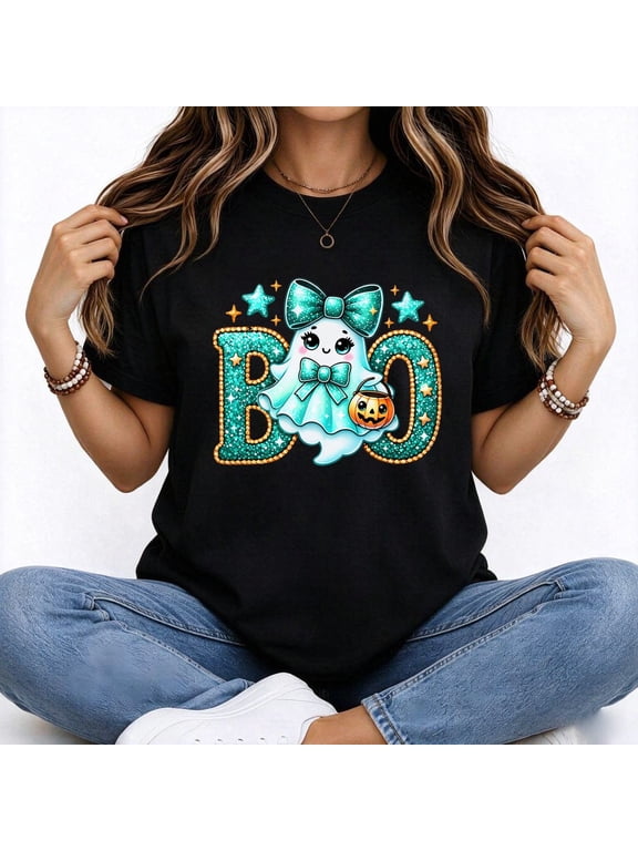 Halloween Women's T-Shirt Cute Ghost Boo Halloween Design Short Sleeve Holiday Gift Cotton Tees