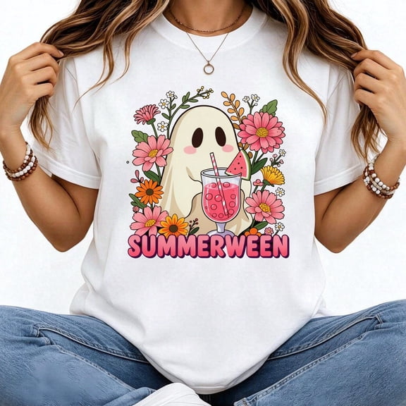 Halloween Women's T-Shirt Ghost With Flowers Summerween Short Sleeve Holiday Gift Cotton Tees