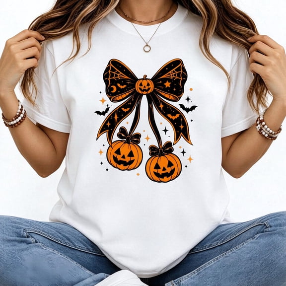 Halloween Women's T-Shirt Halloween Pumpkin Bow Print Design Short Sleeve Holiday Gift Cotton Tees