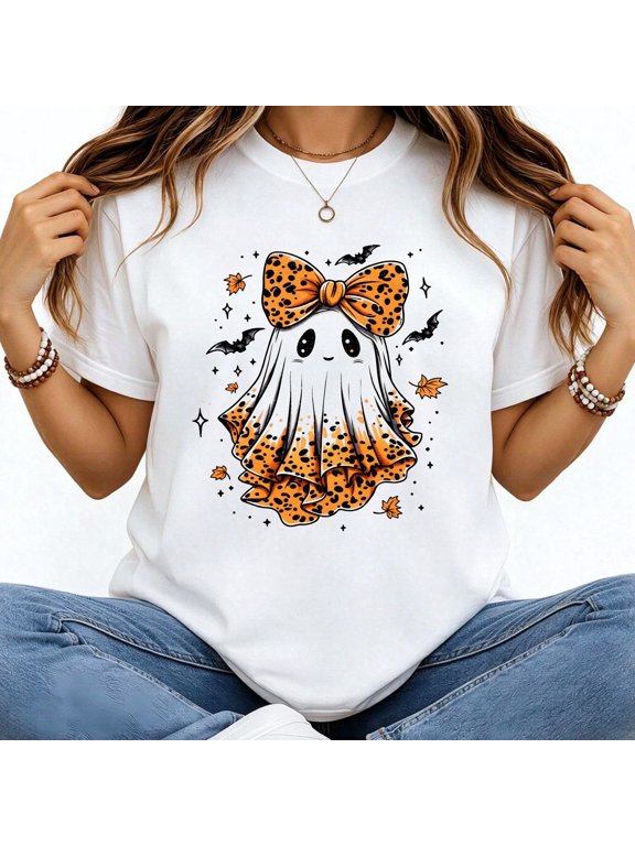 Halloween Women's T-Shirt Leopard Print Ghost Halloween Design Short Sleeve Holiday Gift Cotton Tees