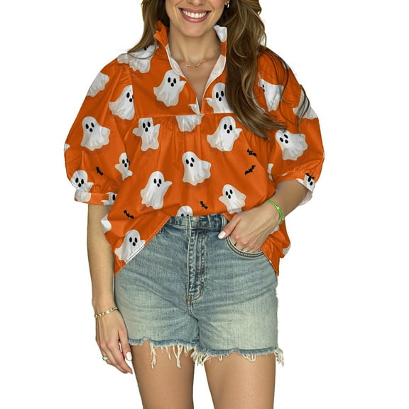 Halloween Women's V-Neck Blouse with Puff Sleeves - Short Sleeve, Perfect for Halloween Celebrations & Costumes，XXS-4XL