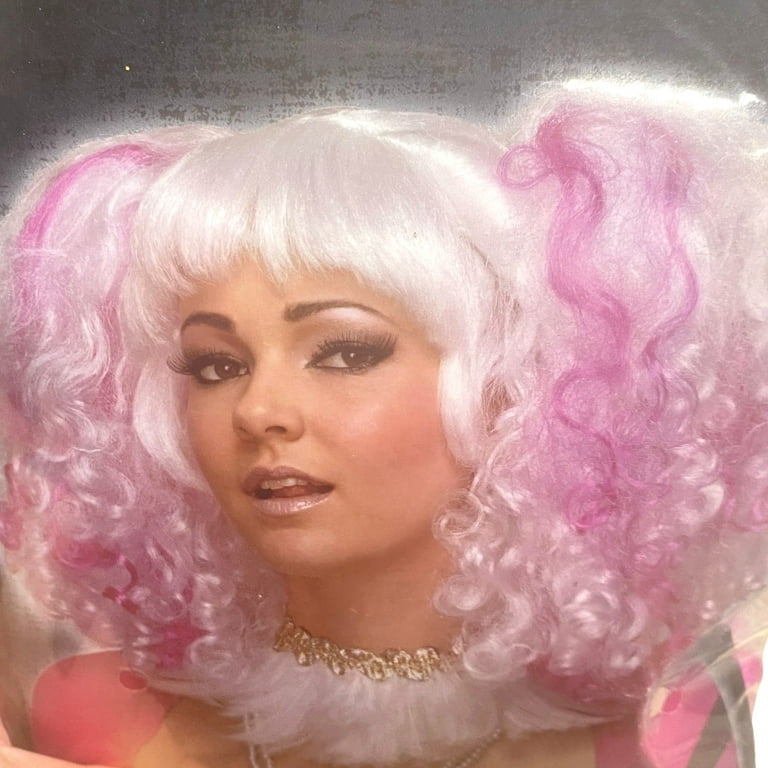 Halloween Womens Big Pink White Curly Pigtails Wig