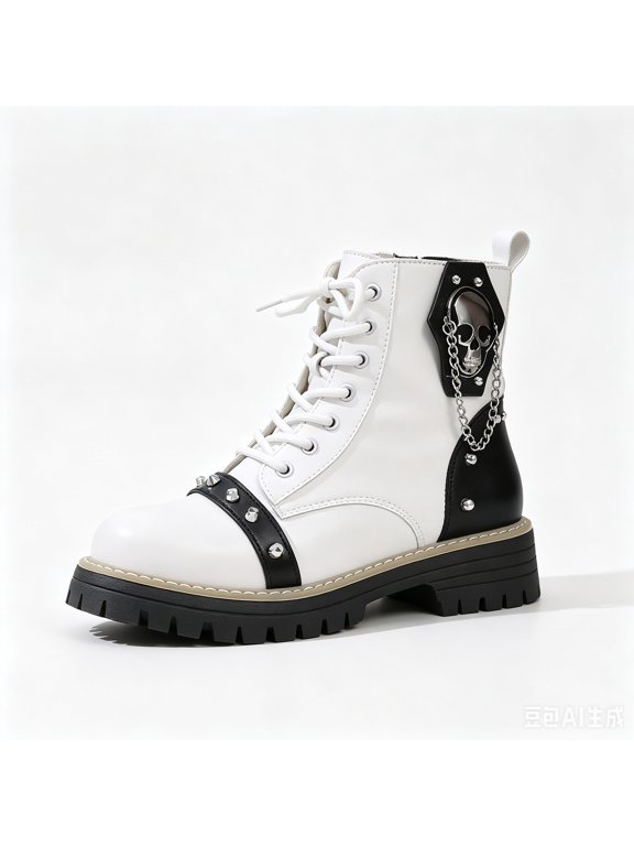 Halloween Womens Booties Punk Goth Lace Up Ankle Boots for Women Round Toe Lug Sole Skull Metal Womens Shoes for Halloween Outfits Festival Wear