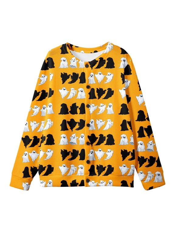 Halloween Womens Cardigan Sweaters Ghost Graphic Button Down Cute Knit Long Sleeve Fashion Tops