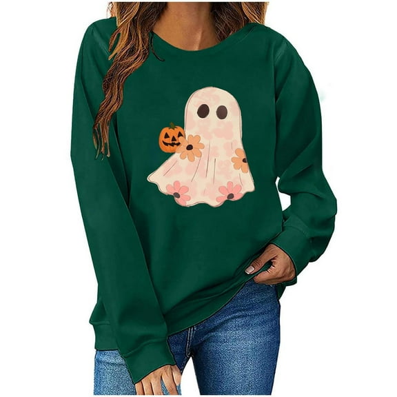 Halloween Womens Crewneck Sweatshirt Fashion Long Sleeve Loose Ghost Shirts Trendy Pullover Fall Clothes Green, L