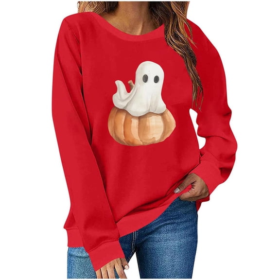Halloween Womens Crewneck Sweatshirt Fashion Long Sleeve Loose Ghost Shirts Trendy Pullover Fall Clothes Red, S