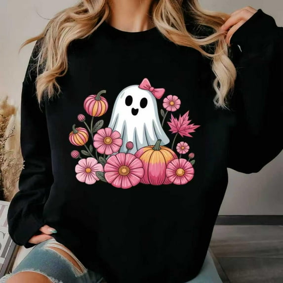 Halloween Womens Floral Graphic Sweatshirt Top Casual Round-neck long-sleeved Black S-3XL