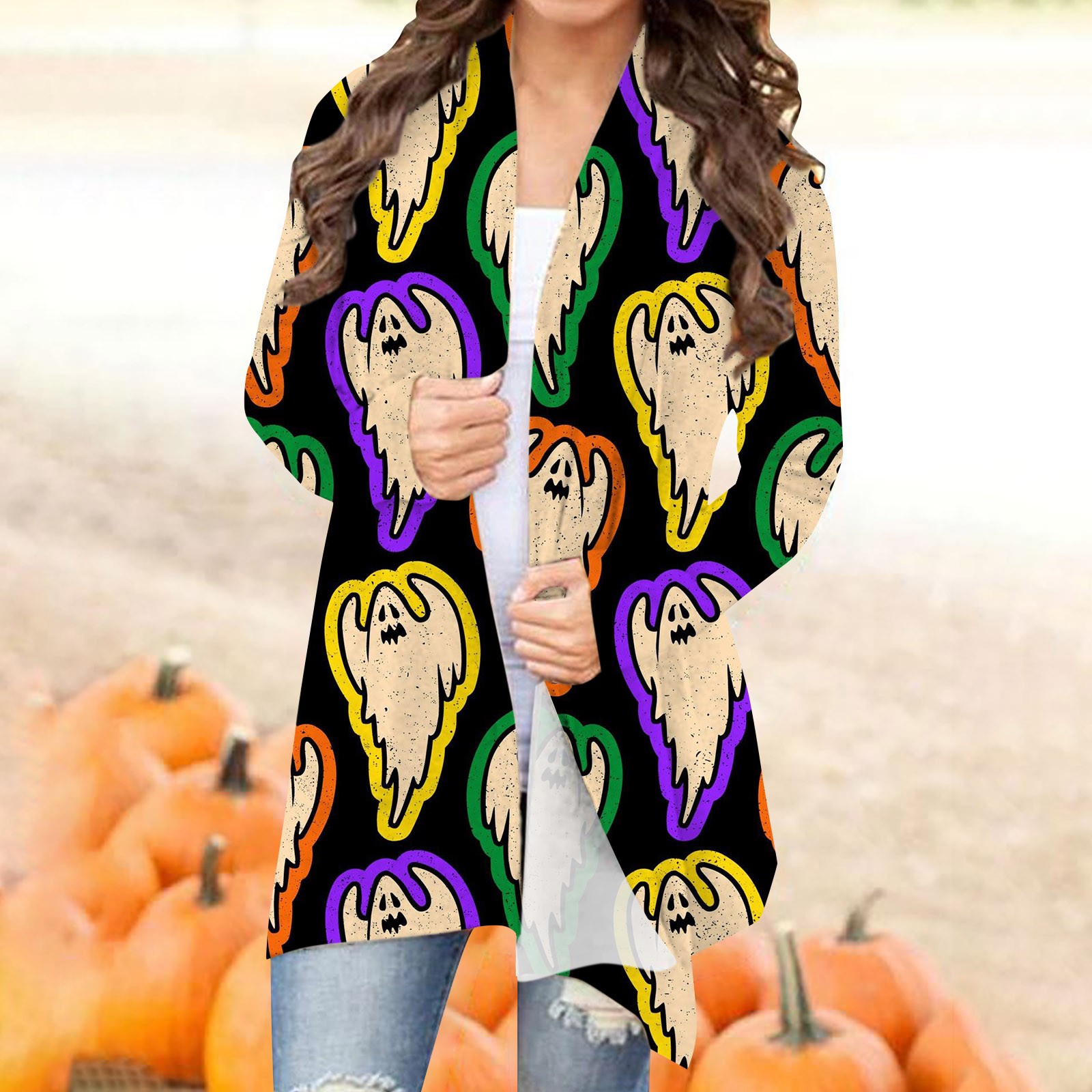 Halloween Womens Halloween Cardigan Pumpkin Cat Print Long Sleeve Open