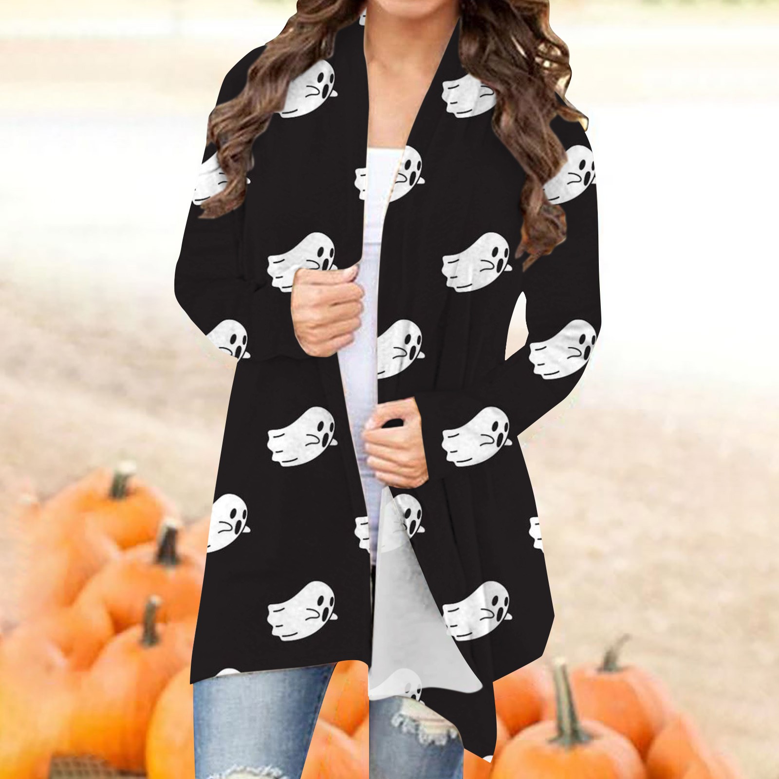 Halloween Womens Halloween Cardigan Pumpkin Cat Print Long Sleeve Open