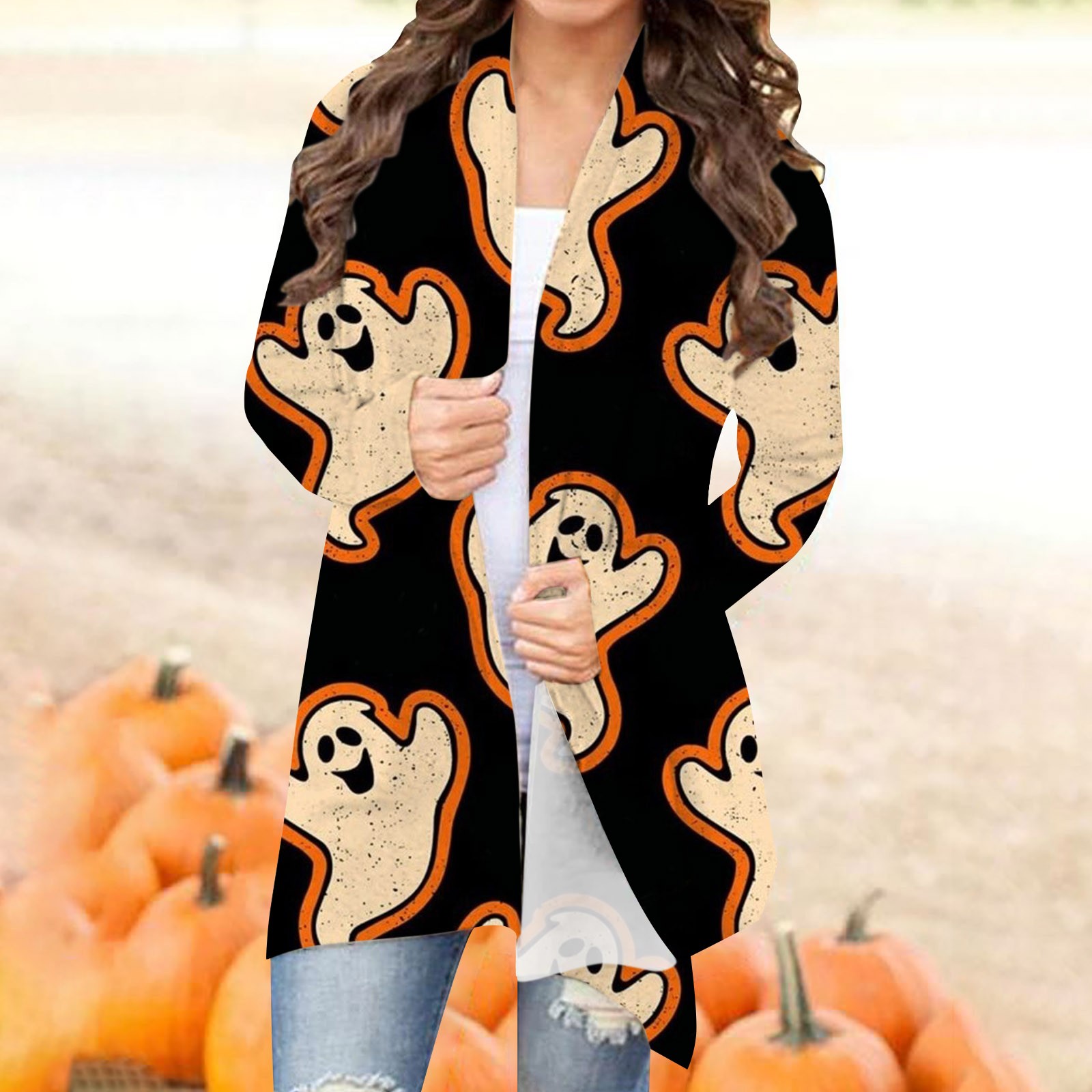 Halloween Womens Halloween Cardigan Pumpkin Cat Print Long Sleeve Open