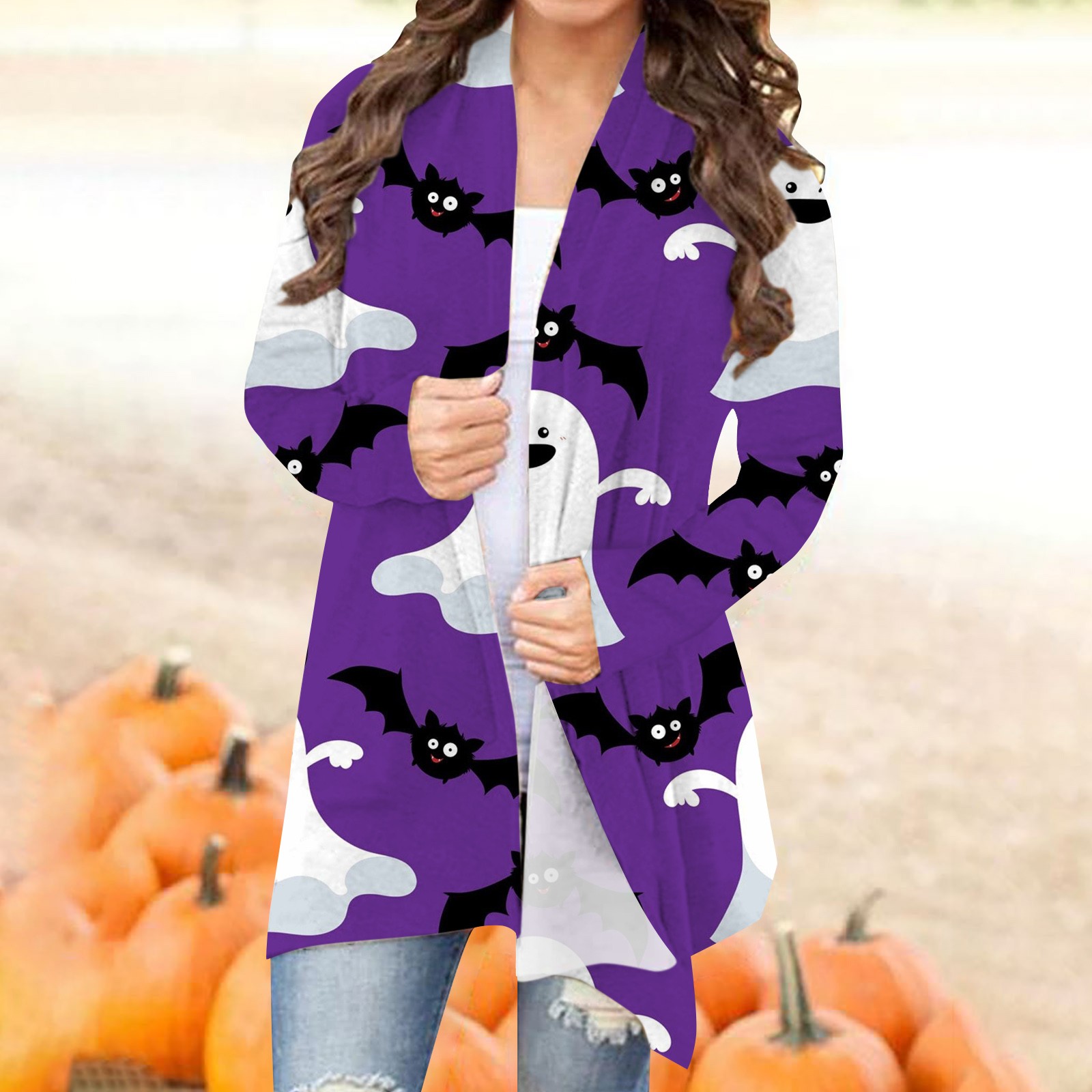 Halloween Womens Halloween Cardigan Pumpkin Cat Print Long Sleeve Open