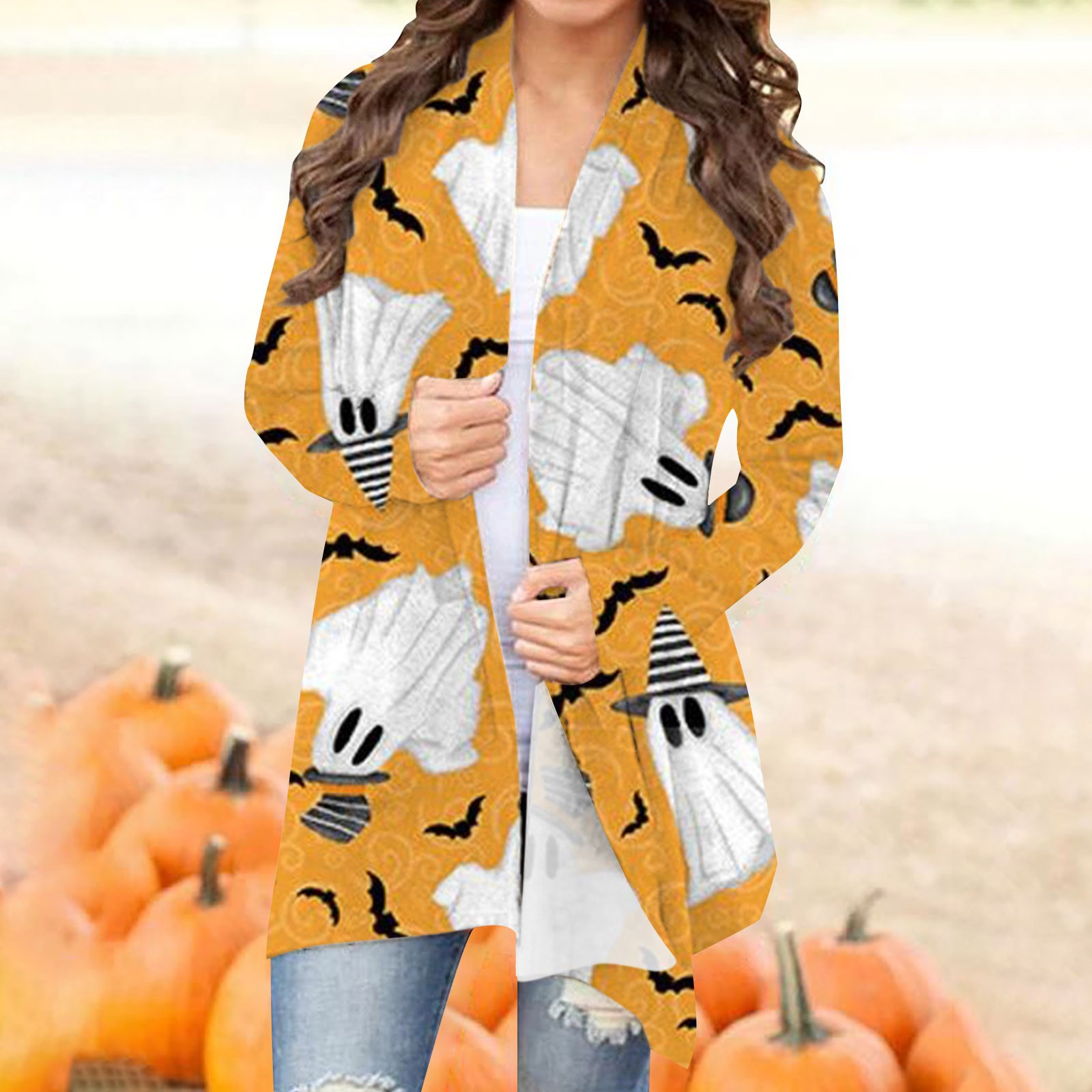 Halloween Womens Halloween Cardigan Pumpkin Cat Print Long Sleeve Open