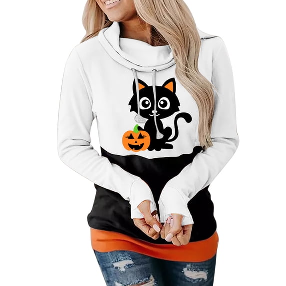 Halloween Womens Hoodies Casual Graphic Print Sweatshirt Long Sleeve Pullover Tops Fall Winter Warm Comfortable Apparel White XL