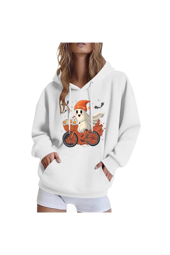 Halloween Womens Hoodies Cute Ghost Graphic Printed Hooded Sweatshirts Casual Loose Fleece Jacket 2025 Fall Halloween Costume Long Sleeve Sweaters Pullover with Pocket