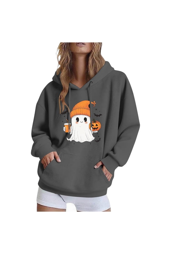 Halloween Womens Hoodies Cute Ghost Printed Jacket Fall Winter Fleece Hooded Sweatshirts Casual Loose Long Sleeve Top Halloween Pullover Outwears with Pocket