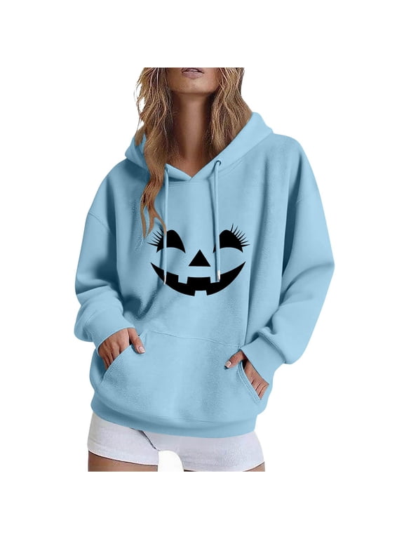 Halloween Womens Hoodies Spooky Devil Expression Printed Hooded Sweatshirts Casual Loose Fleece Jacket 2025 Fall Halloween Costume Long Sleeve Sweaters Pullover with Pocket