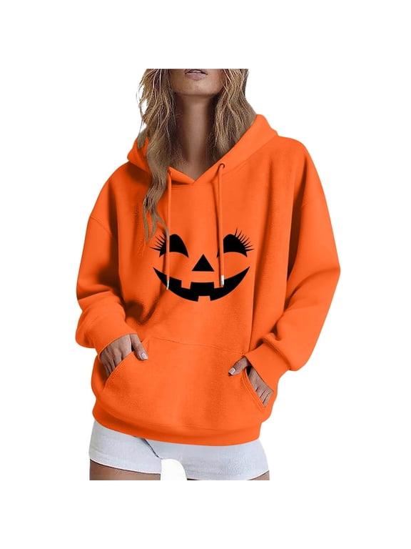 Halloween Womens Hoodies Spooky Devil Expression Printed Hooded Sweatshirts Casual Loose Fleece Jacket 2025 Fall Halloween Costume Long Sleeve Sweaters Pullover with Pocket