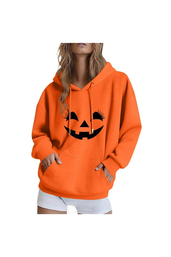 Halloween Womens Hoodies Spooky Devil Expression Printed Hooded Sweatshirts Casual Loose Fleece Jacket 2025 Fall Halloween Costume Long Sleeve Sweaters Pullover with Pocket