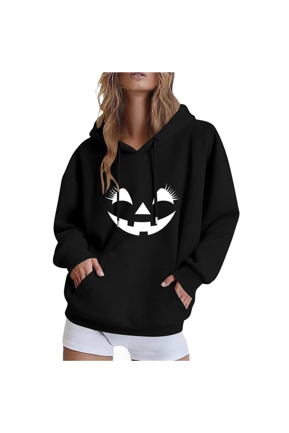 Halloween Womens Hoodies Spooky Devil Expression Printed Hooded Sweatshirts Casual Loose Fleece Jacket 2025 Fall Halloween Costume Long Sleeve Sweaters Pullover with Pocket