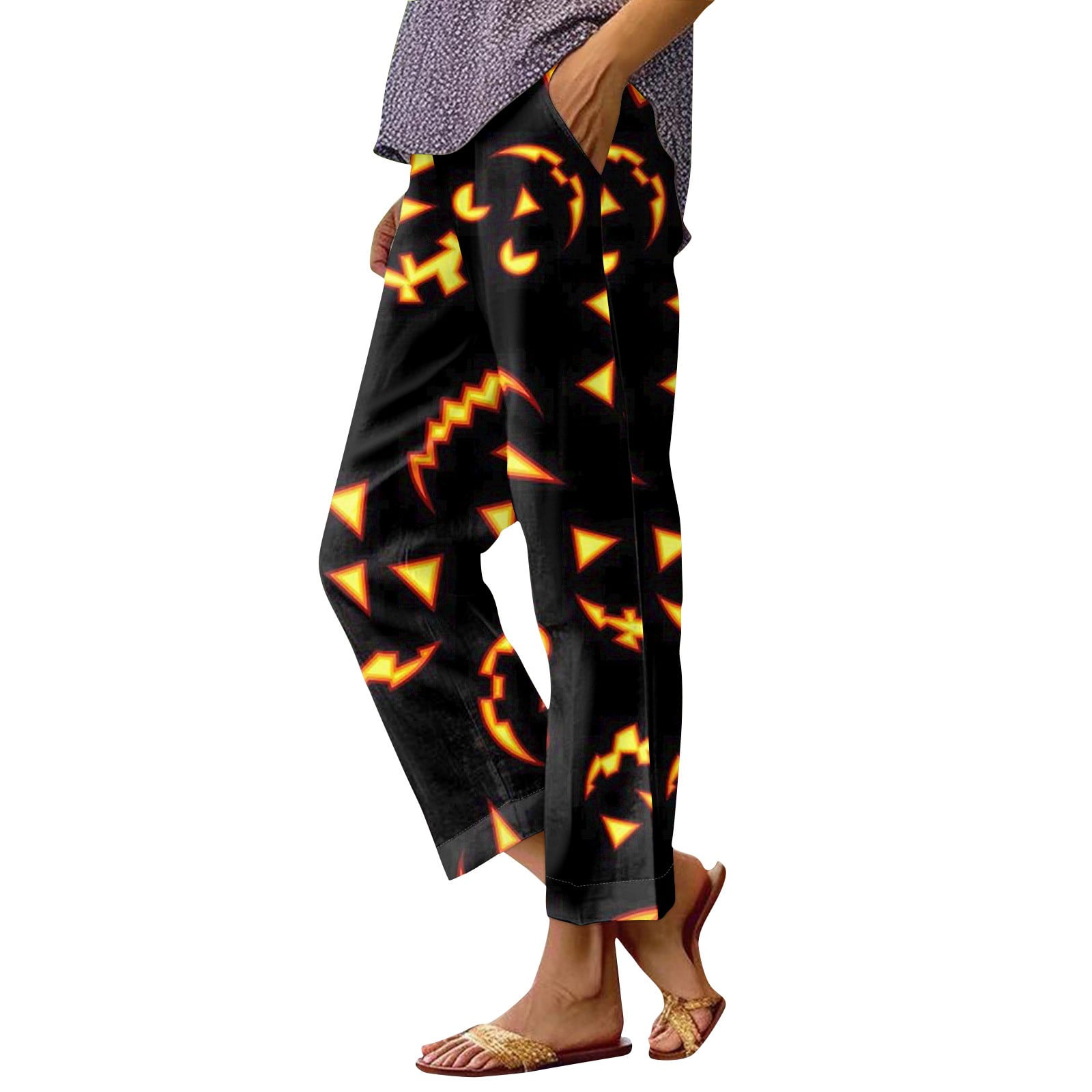 Halloween Womens Linen Casual Capri Pants Cropped Wide Leg Lounge Pant