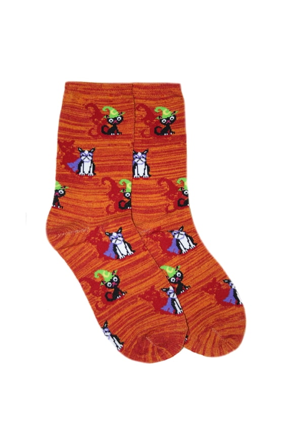 Womens Orange Cat & Dog Crew Socks - 9-11