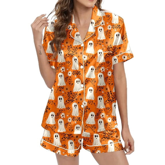Halloween Womens Outfits Set Ghost Floral Print Lapel Button Down Short Sleeve Shirt And Shorts 2 Piece Sets Loungewear