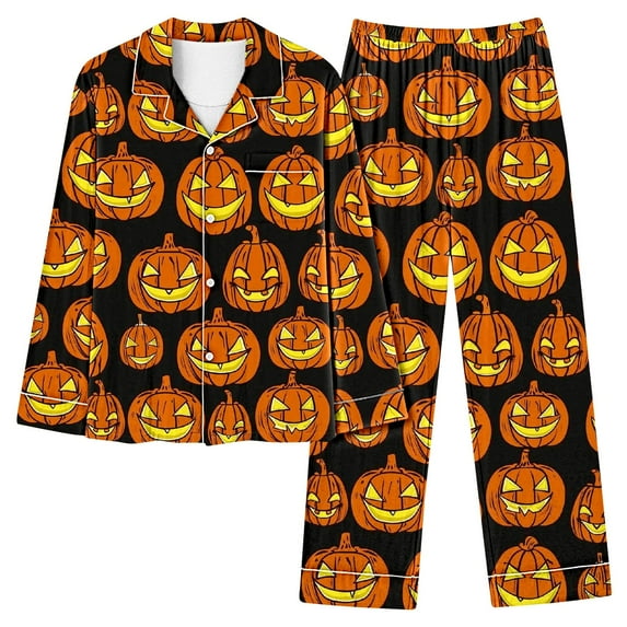 Halloween Womens Pajama Set Short Sleeve Top And Pants Elastic Waistband Set With Pockets Loungewear Yoga Casual Wear Suit Orange 1 M