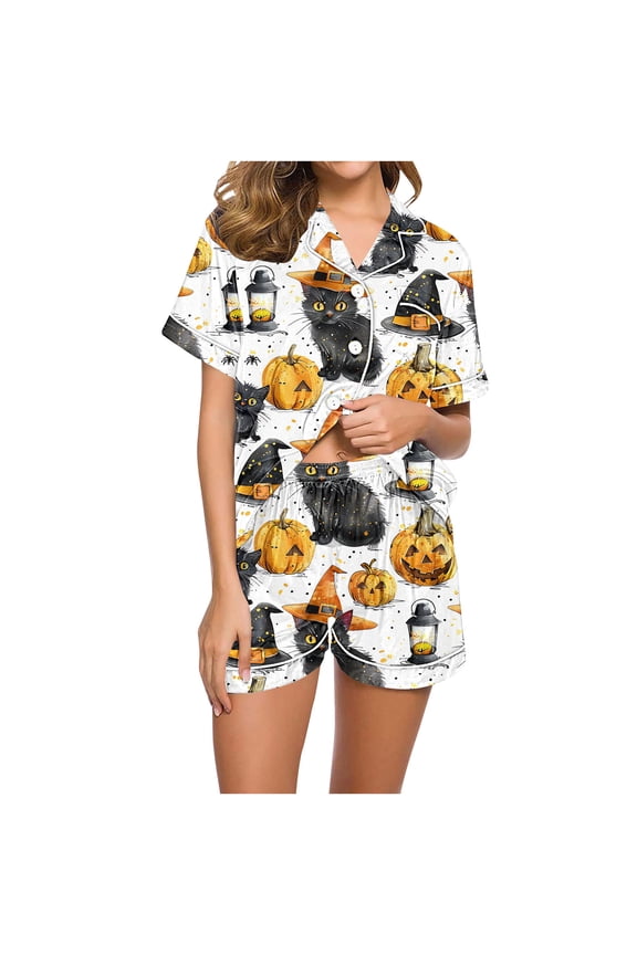 Halloween Womens Pajama Set Short Sleeve Top And Shorts Elastic Waistband Set With Pockets Loungewear Yoga Casual Wear Suit,White,L
