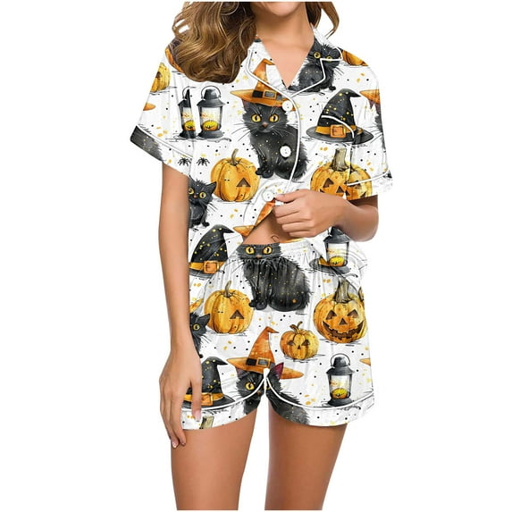 Halloween Womens Pajama Set Short Sleeve Top And Shorts Elastic Waistband Set With Pockets Loungewear Yoga Casual Wear Suit,White,XL