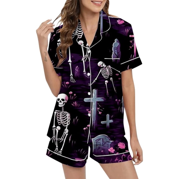 Halloween Womens Pajama Sets 2 Piece Pj Set Ghost Graphic Button Down Soft Breathable Sleepwear with Shorts Easy Fit Lounge Sets for Women