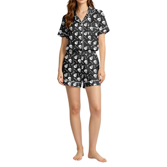 Halloween Womens Pajama Sets Shorts Silk Satin 2 Pcs Print Graphic Button Down Pjs Shorts Set Collar Set Loungewear Basic Sleepwear Nightwear Halloweens Christmas Gifts