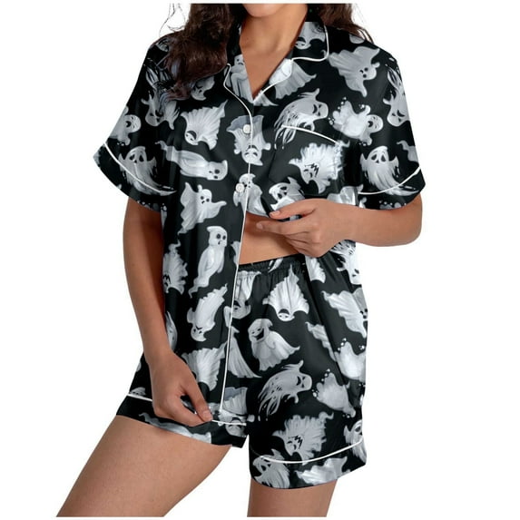 Halloween Womens Pajama Sets Unlined Cushiony Ghost Graphic Button Down Short Sleeve Shirts and Shorts 2 Piece Nightwear Relaxed Fit Cute Pjs