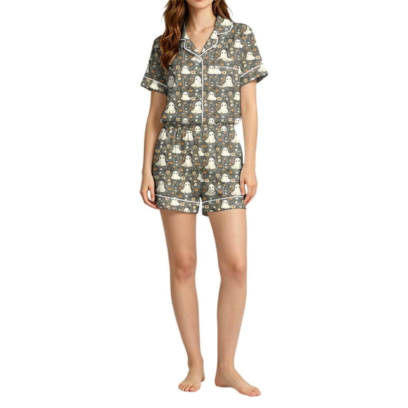 Halloween Womens Pajamas Set Satin 2 Pcs Cute Ghost Printed Button Up Lounge Sets Short Sleeve Notch Collar Lounge Set Oversized Sleepwear Halloween Party Outfits