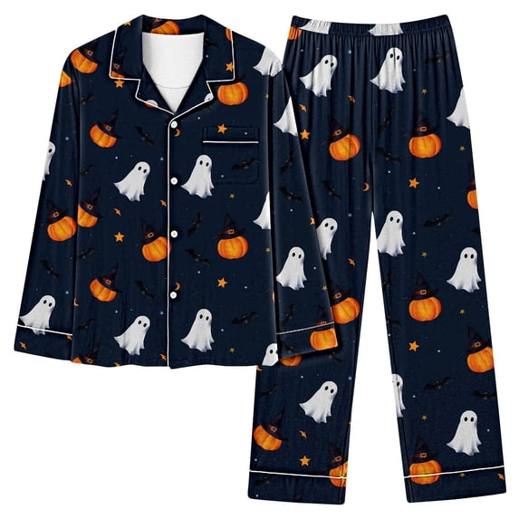 Halloween Womens Pajamas Set Two Piece Long Sleeve Lounge Set Button-Up Collared Shirts Pants Comfortable Pjs Outfits Dark Blue, XXXL