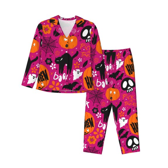 Halloween Womens Pajamas Sets 2 Pack - happy spooky elements pink Long Sleeve Sleepwear Lounge Sets Soft Button Down PJ Sets