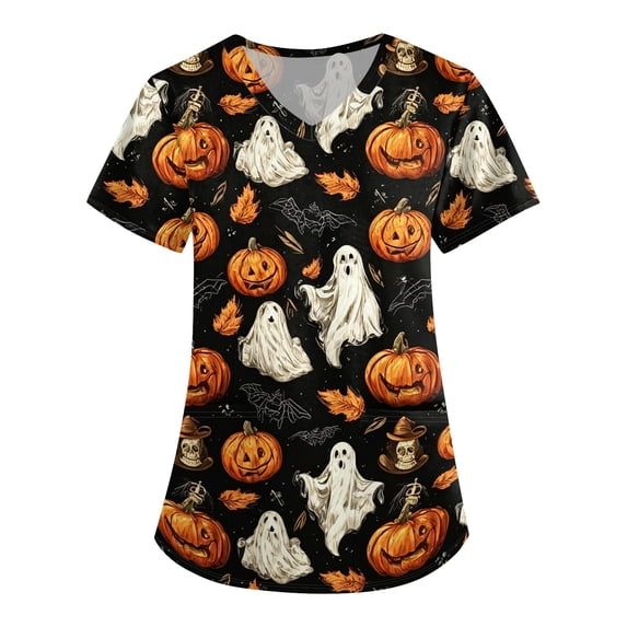 Halloween Womens Scrub Tops Funny V Neck Horror Pumpkin Ghost Printed Scrubs Spooky Short Sleeve Scrub Shirts Medical Nurse Uniform Nursing Workwear with Pockets, 5XL