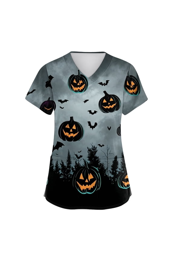 Halloween Womens Scrub Tops Funny V Neck Horror Pumpkin Printed Scrubs Spooky Short Sleeve Scrub Shirts Medical Nurse Workwear Nursing Uniform with Pockets, 3XL