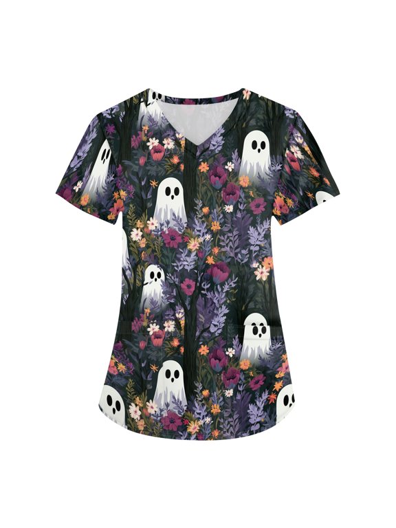 Halloween Womens Scrub Tops Short Sleeve Funny Halloween Ghost Pumpkin Printed Horror Scrub Shirts Spooky V Neck Scrubs Nursing Workwear Medical Nurse Uniform with Pockets,XL