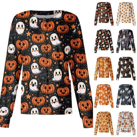 Halloween Womens Scrubs Long Sleeve Medical Nurse Single-Breasted Protective Jacket Top Skull Ghost Print Scrub with Pockets Earthy