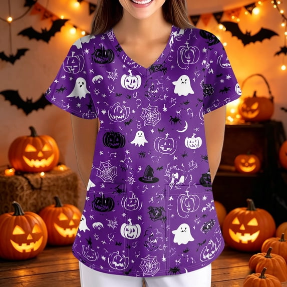 Halloween Womens Scrubs Tops Pumpkin Ghost V Neck Plus Size Scrub Shirts Nursing Stretch Fitted Holiday Short Sleeve Trendy Uniform Workwear With Pockets Dark Purple 4XL
