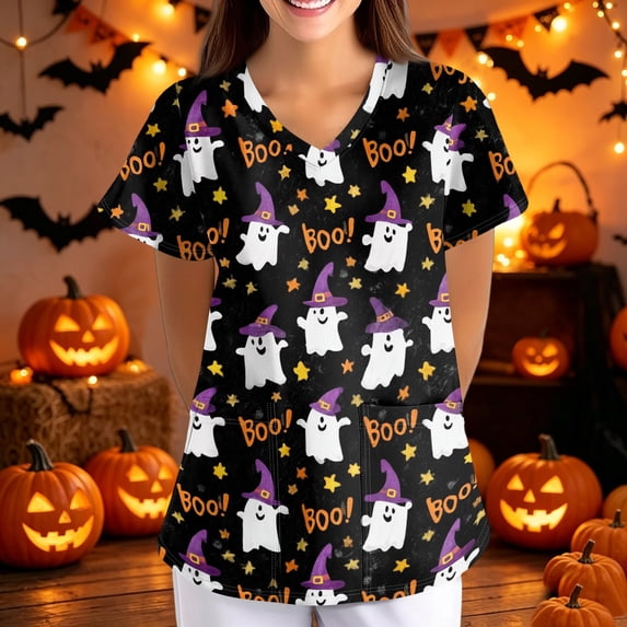 Halloween Womens Scrubs Tops Pumpkin Ghost V Neck Plus Size Scrub Shirts Nursing Stretchy Holiday Short Sleeve Fashion Uniform Shirts With Pockets Black S
