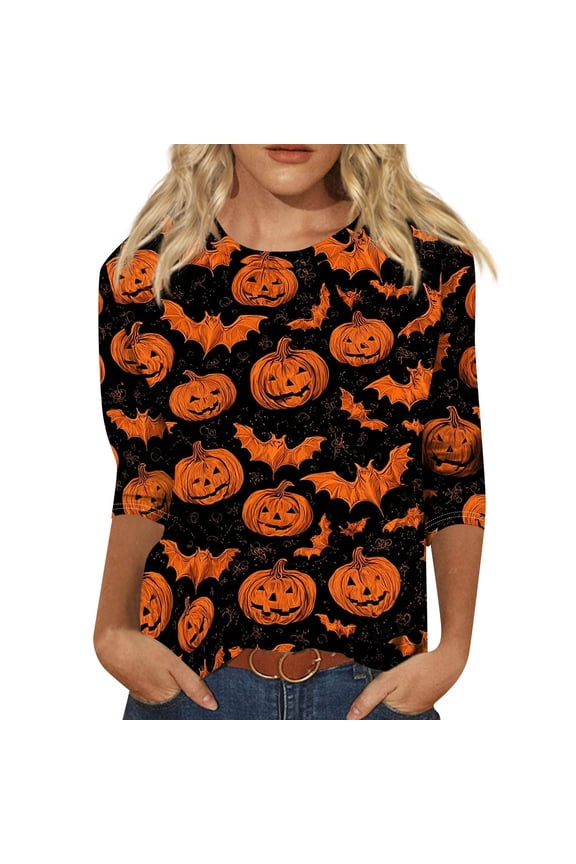 Halloween Womens Shirts Funny 3/4 Sleeve Pullover Horror Pumpkin Bat Printed Tops Spooky Round Neck T Shirts Holiday Three Quarter Length Blouses, XL