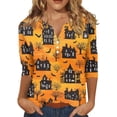 thumbnail image 1 of Halloween Womens Shirts Funny 3/4 Sleeve T Shirts Horror Castle Printed Tops Spooky Button V Neck Pullover Holiday Three Quarter Length Blouses, 3XL, 1 of 5