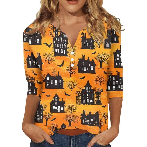 Halloween Womens Shirts Funny 3/4 Sleeve T Shirts Horror Castle Printed Tops Spooky Button V Neck Pullover Holiday Three Quarter Length Blouses, 3XL